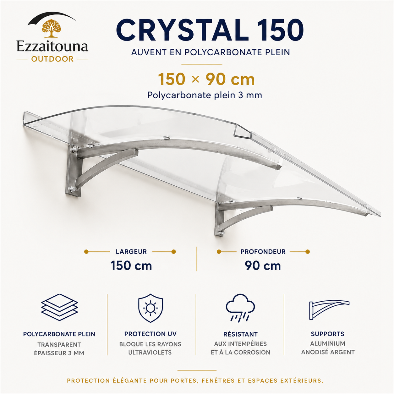 Crystal 150 – Auvent transparent premium 150 × 90 cm