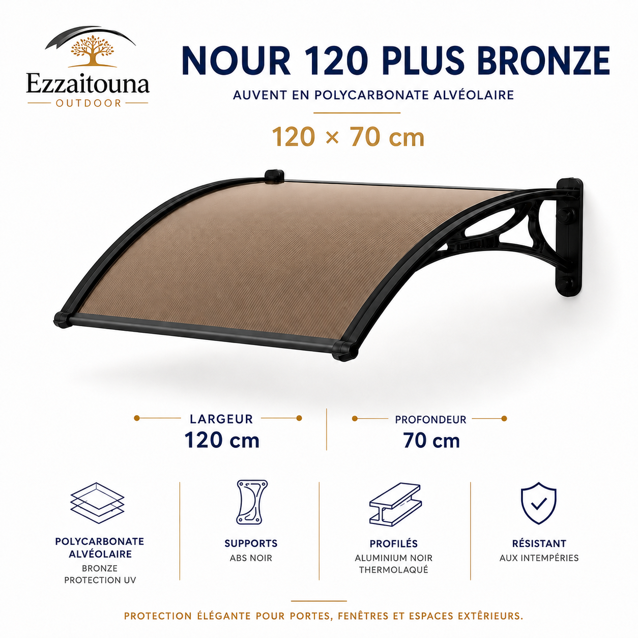 Nour 120 Plus Bronze – Auvent bronze translucide 120 × 70 cm