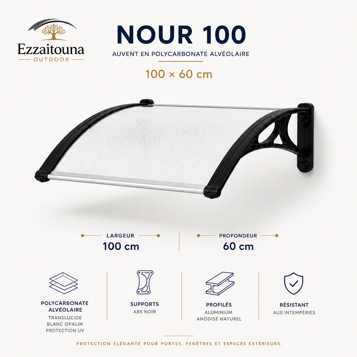 Nour 100 – Auvent compact blanc translucide 100 × 60 cm