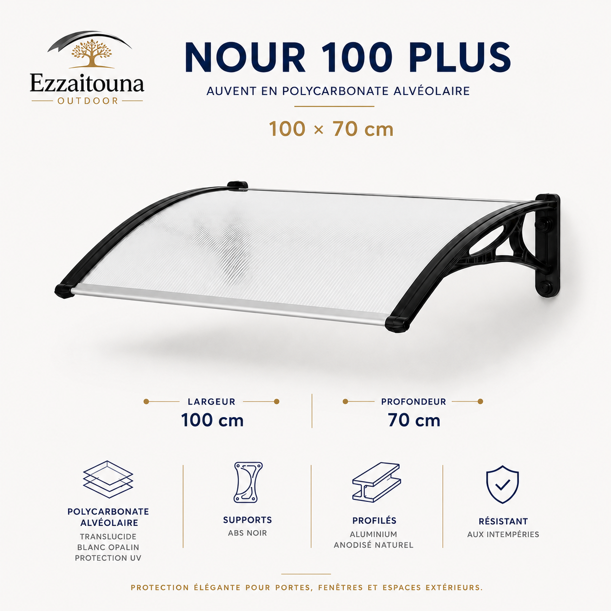 Nour 100 Plus – Auvent compact renforcé 100 × 70 cm
