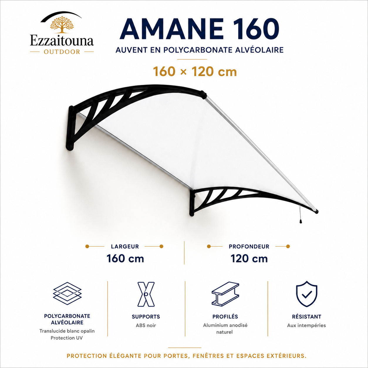 Amane 160 – Auvent premium grande profondeur 160 × 120 cm