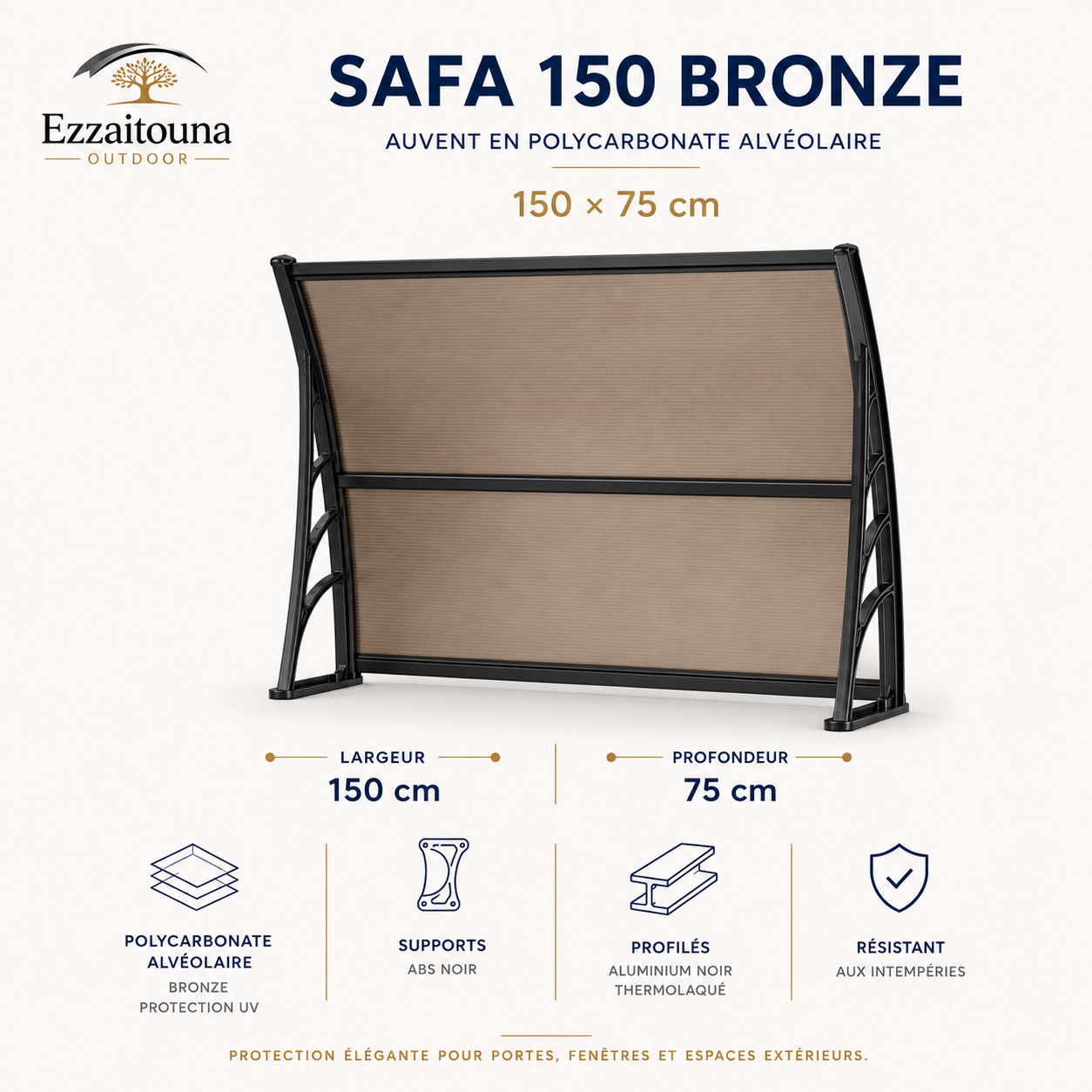 Safa 150 Bronze – Auvent fumé élégant 150 × 75 cm