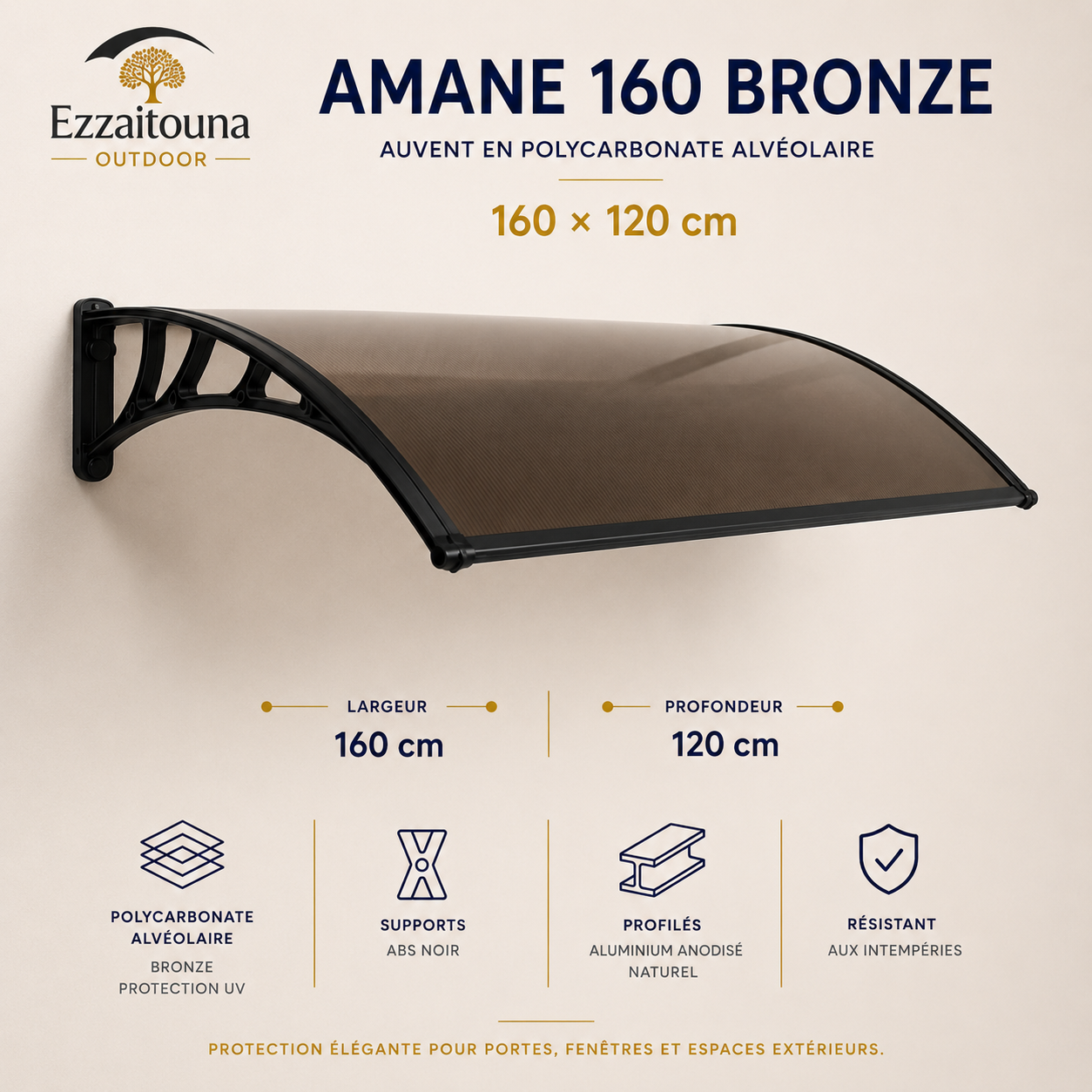 Amane 160 Bronze – Auvent premium bronze 160 × 120 cm
