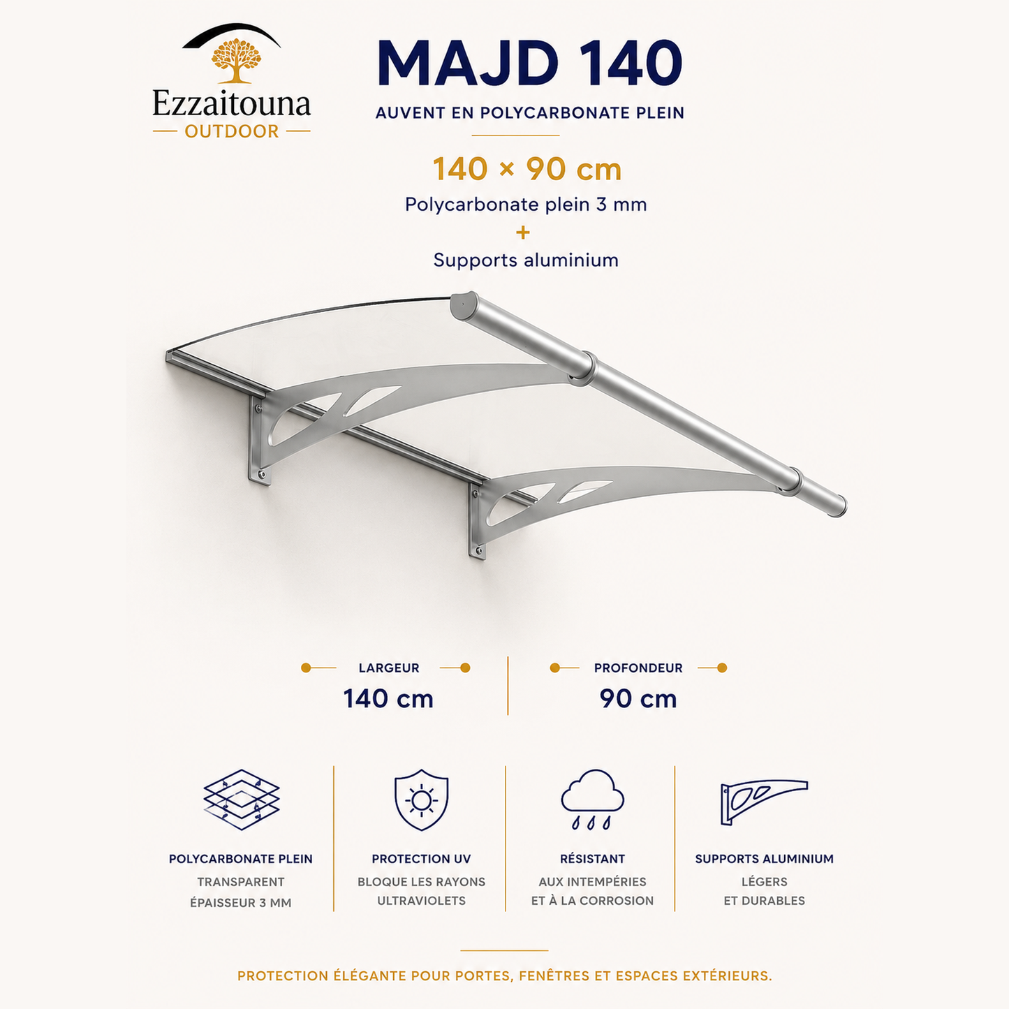 Majd 140 – Auvent transparent premium 140 × 90 cm